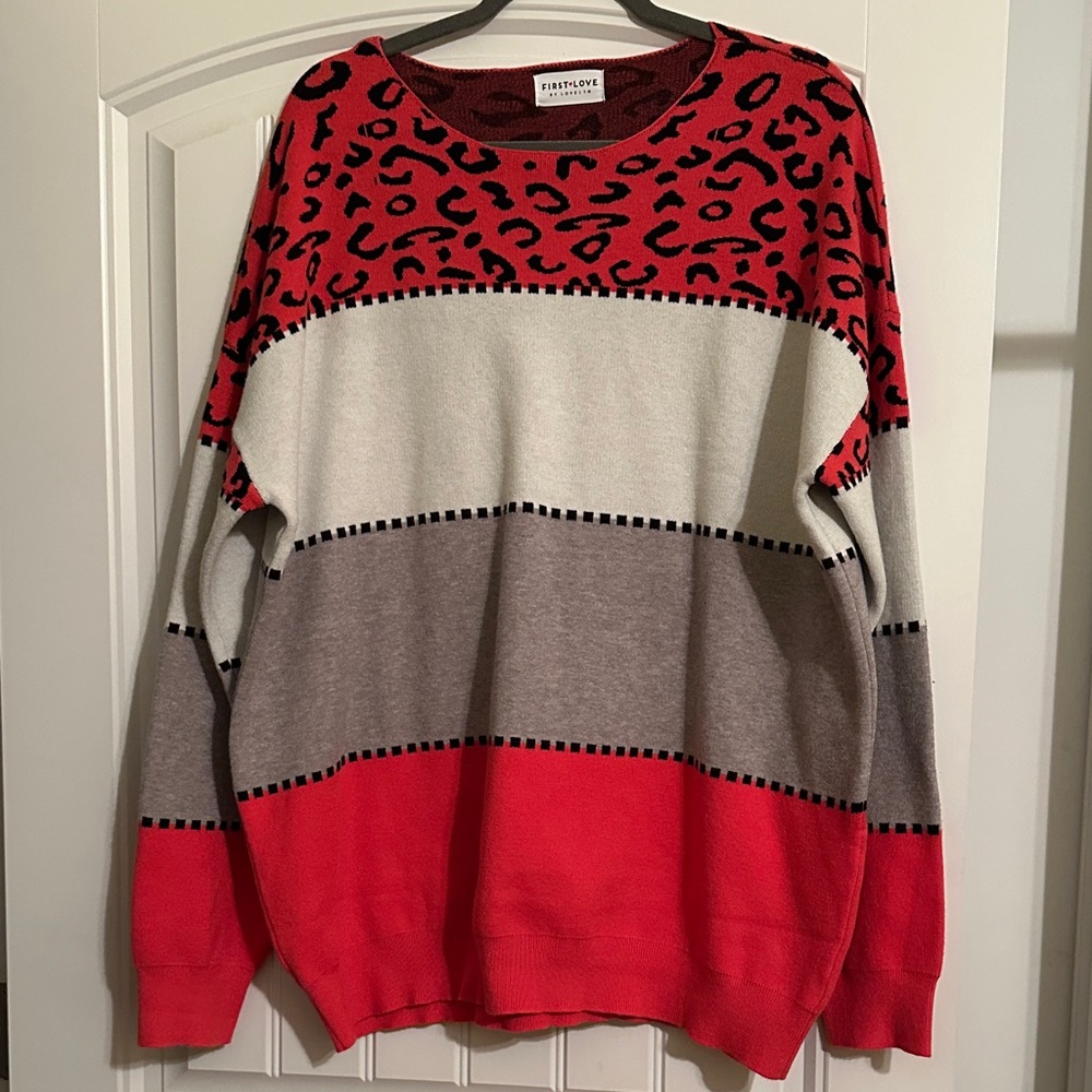 Size 2X First Love Hot Pink and Leopard Print Women's Sweater. Never worn!